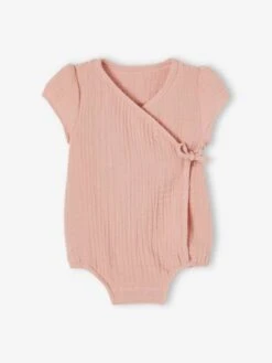Body Bébé Personnalisable En Gaze De Coton Ouverture Naissance - Rose Poudré
