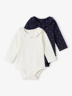 Lot De 2 Bodies Bébé Col Claudine Manches Longues - Marine