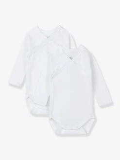 Lot De 2 Bodies Croisés Manches Longues Bébé Naissance En Coton Bio PETIT BATEAU - Blanc