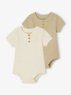 Lot De 2 Bodies Ouverture Devant Bébé En Maille Nid D'abeille Coton Biologique - Olive