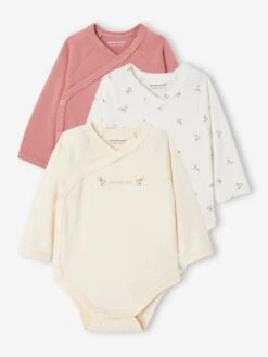 Lot De 3 Bodies Assortis "joli Coeur" Bébé Naissance En Coton Biologique - Vieux Rose