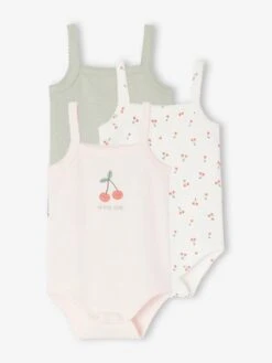Lot De 3 Bodies Cerises Bébé Fines Bretelles En Coton Biologique - Rose Pâle