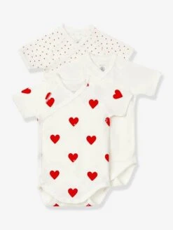 Lot De 3 Bodies Croisés Manches Courtes Coeurs Bébé Naissance En Coton Bio PETIT BATEAU - Blanc