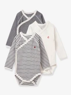 Lot De 3 Bodies Croisés Manches Longues Rayés Bébé Naissance En Coton Bio PETIT BATEAU - Marine