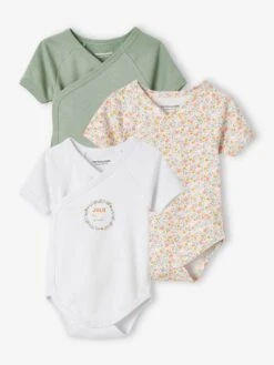 Lot De 3 Bodies Fleurs Manches Courtes Bébé Ouverture Naissance - Lot Tilleul