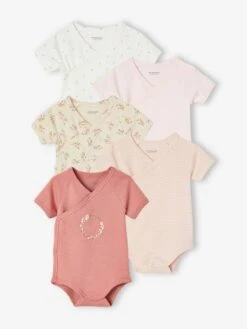 Lot De 5 Bodies Manches Courtes Bébé Ouverture Naissance - Rose Pâle