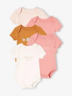 Lot De 5 Bodies Marguerites Manches Courtes Bébé Ouverture US - Rose Pâle