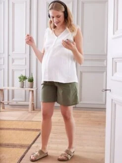 Short-bermuda De Grossesse Coton Effet Lin - Olive